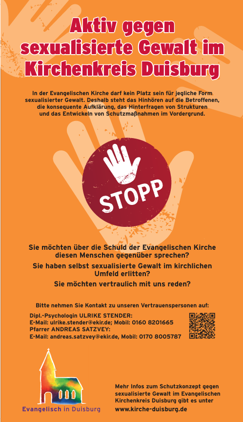 Auf einem Plakat in deutscher Sprache steht „Aktiv gegen sexualisierte Gewalt im Kirchenkreis Duisburg“, mit einem großen roten Stoppschild und einer weißen Hand. Es bietet Kontaktinformationen und Ressourcen für diejenigen, die aktiv gegen Gewalt und sexualisierte Gewalt in der Kirche sind und Unterstützung suchen.